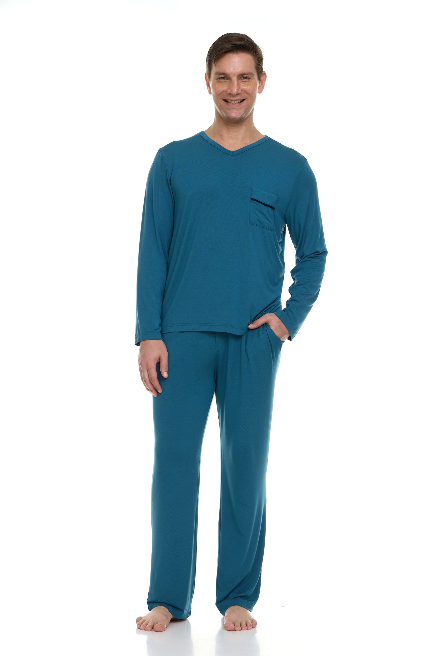 Men’s Dream Micro Modal Indian Teal Blue V-Neck Pajamas