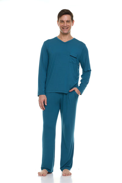 Men’s Dream Micro Modal Indian Teal Blue V-Neck Pajamas
