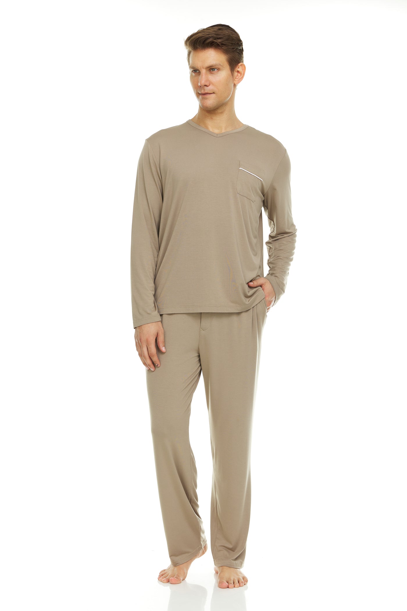 Men s Dream Micro Modal Taupe V Neck Pajamas Symmar