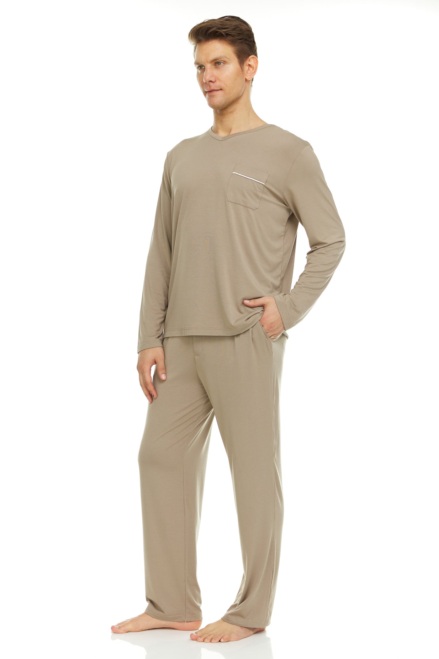 Men’s Dream Micro Modal Taupe V-Neck Pajamas